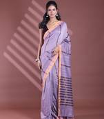 Grey pure cotton zari stripe soft saree with zari border