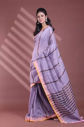 Grey pure cotton zari stripe soft saree with zari border