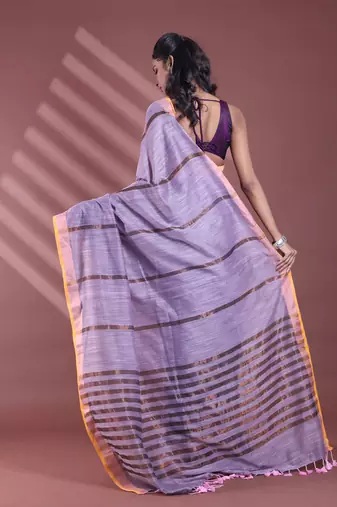 Grey pure cotton zari stripe soft saree with zari border