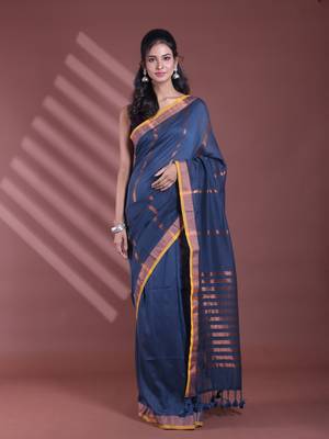 Dark grey pure cotton zari stripe soft saree with zari border 1