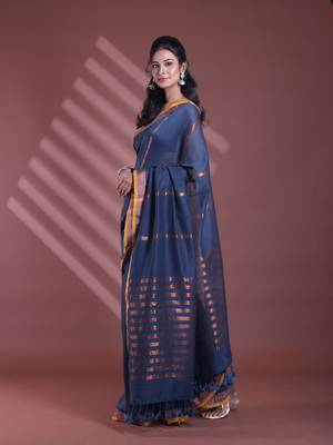 Dark grey pure cotton zari stripe soft saree with zari border 2