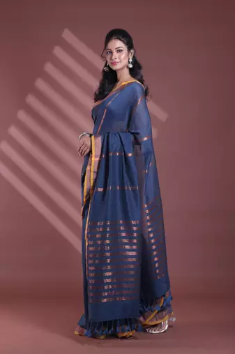 Dark grey pure cotton zari stripe soft saree with zari border