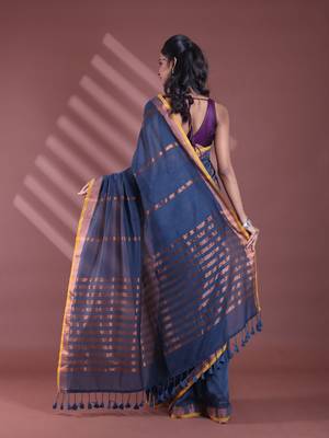 Dark grey pure cotton zari stripe soft saree with zari border 3