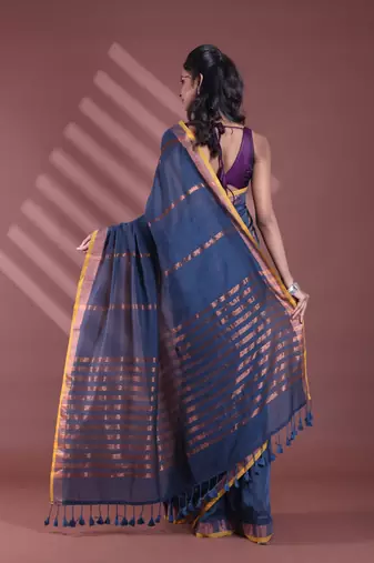 Dark grey pure cotton zari stripe soft saree with zari border