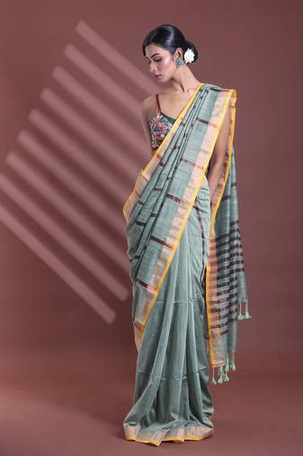 Pistachio green pure cotton zari stripe soft saree with zari border