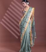 Pistachio green pure cotton zari stripe soft saree with zari border