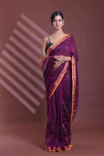 Purple pure cotton zari stripe soft saree with zari border