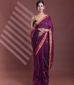 Purple pure cotton zari stripe soft saree with zari border