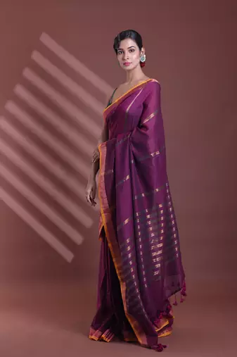 Purple pure cotton zari stripe soft saree with zari border