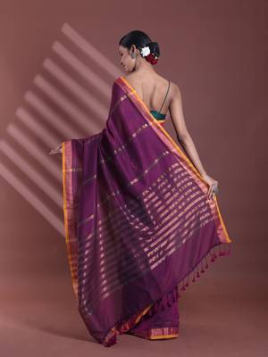 Purple pure cotton zari stripe soft saree with zari border 3
