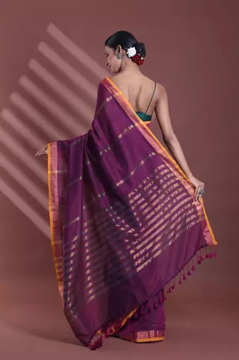 Purple pure cotton zari stripe soft saree with zari border