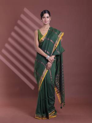 Forest green pure cotton zari stripe soft saree with zari border 1
