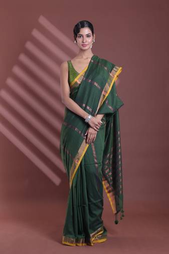 Forest green pure cotton zari stripe soft saree with zari border