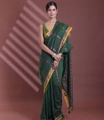 Forest green pure cotton zari stripe soft saree with zari border