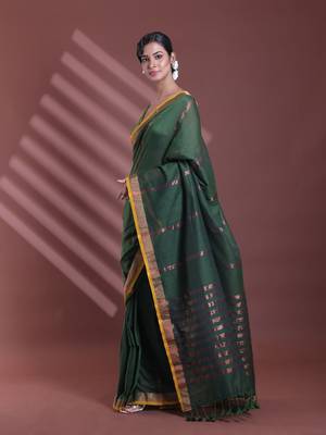 Forest green pure cotton zari stripe soft saree with zari border 2