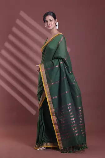 Forest green pure cotton zari stripe soft saree with zari border
