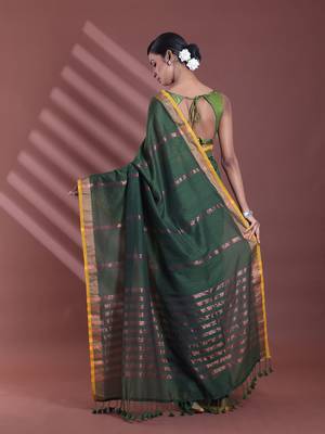 Forest green pure cotton zari stripe soft saree with zari border 3