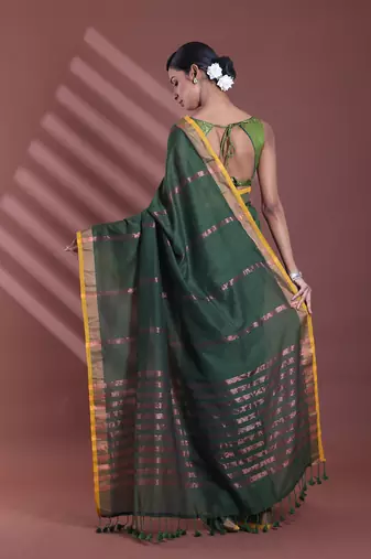 Forest green pure cotton zari stripe soft saree with zari border