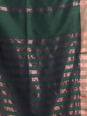 Forest green pure cotton zari stripe soft saree with zari border 4
