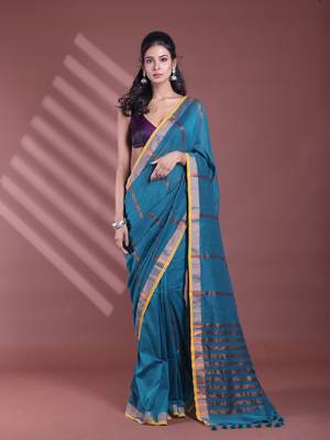Teal pure cotton zari stripe soft saree with zari border 1