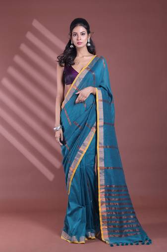 Teal pure cotton zari stripe soft saree with zari border