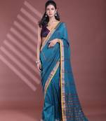 Teal pure cotton zari stripe soft saree with zari border
