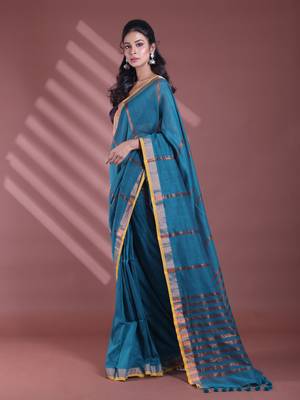 Teal pure cotton zari stripe soft saree with zari border 2