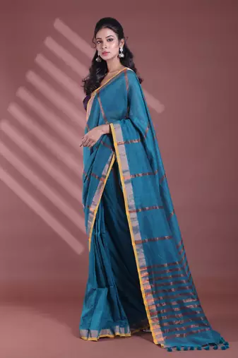Teal pure cotton zari stripe soft saree with zari border