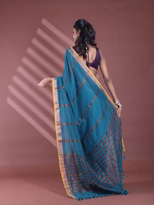 Teal pure cotton zari stripe soft saree with zari border 3