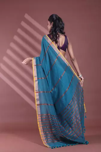 Teal pure cotton zari stripe soft saree with zari border