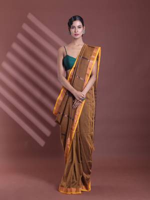 Mustard pure cotton zari stripe soft saree with zari border 1