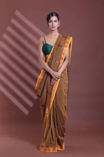Mustard pure cotton zari stripe soft saree with zari border