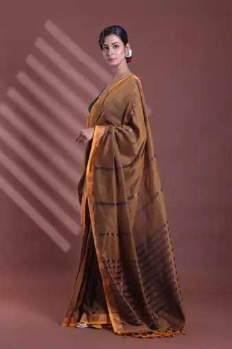 Mustard pure cotton zari stripe soft saree with zari border