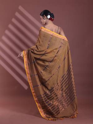 Mustard pure cotton zari stripe soft saree with zari border 3