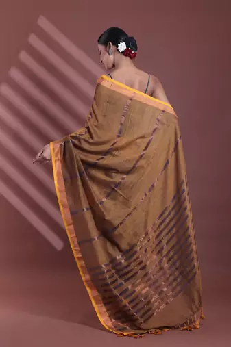 Mustard pure cotton zari stripe soft saree with zari border