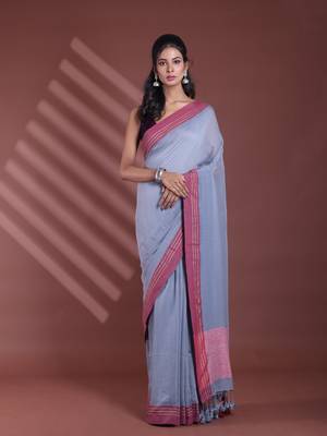 Grey pure cotton soft saree with contrast border 1