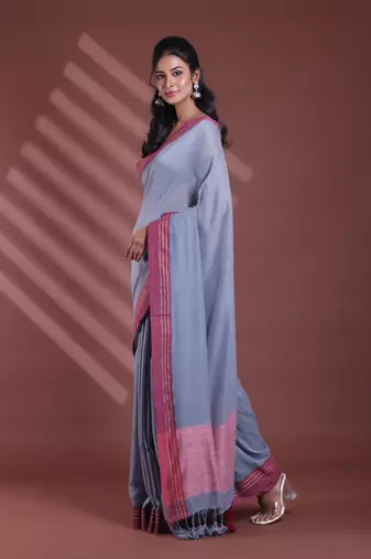 Grey pure cotton soft saree with contrast border