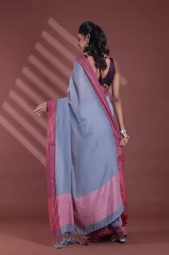 Grey pure cotton soft saree with contrast border