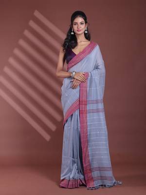Grey stripe pattern pure cotton soft saree with contrast border 1