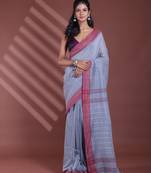 Grey stripe pattern pure cotton soft saree with contrast border