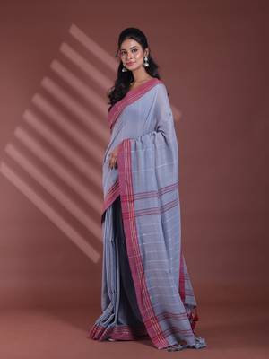 Grey stripe pattern pure cotton soft saree with contrast border 2