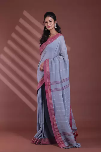 Grey stripe pattern pure cotton soft saree with contrast border