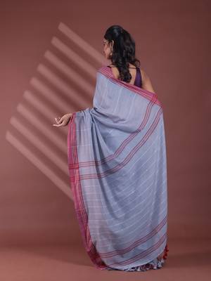 Grey stripe pattern pure cotton soft saree with contrast border 3