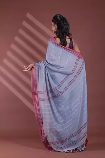 Grey stripe pattern pure cotton soft saree with contrast border