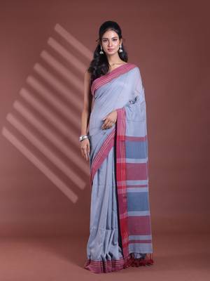 Grey pure cotton soft saree with  stripe pattern 1