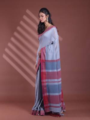 Grey pure cotton soft saree with  stripe pattern 2