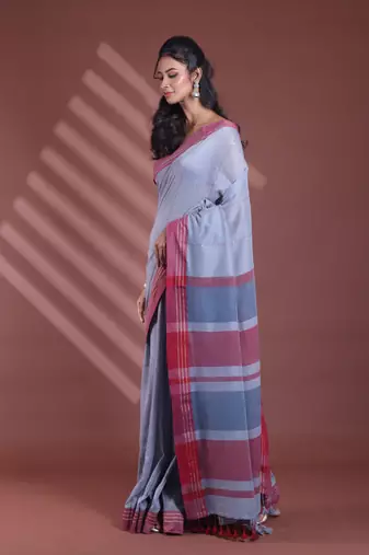 Grey pure cotton soft saree with  stripe pattern
