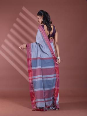 Grey pure cotton soft saree with  stripe pattern 3
