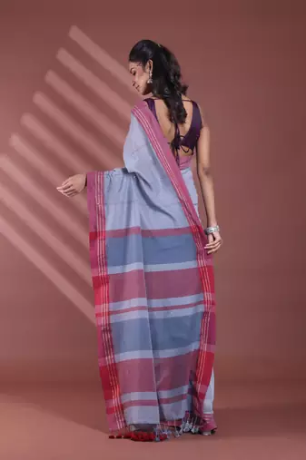 Grey pure cotton soft saree with  stripe pattern