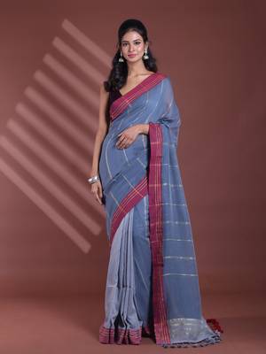 Grey pure cotton soft saree with  stripe pattern 1